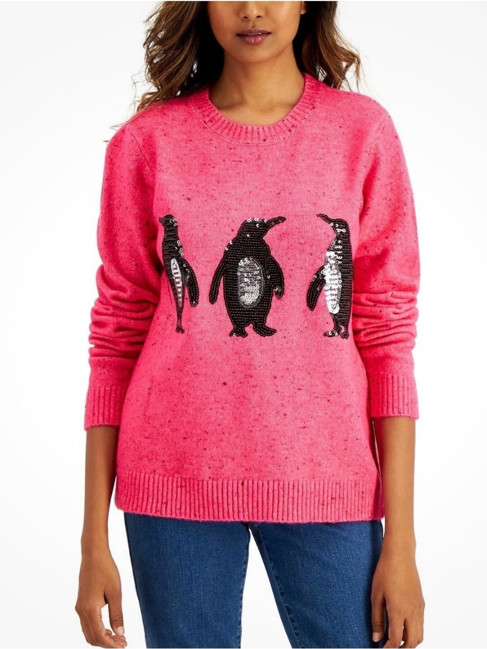 Karen Scott Sweater Women Size M Pink Sequin Penguin Crew neck Pullover Knit New